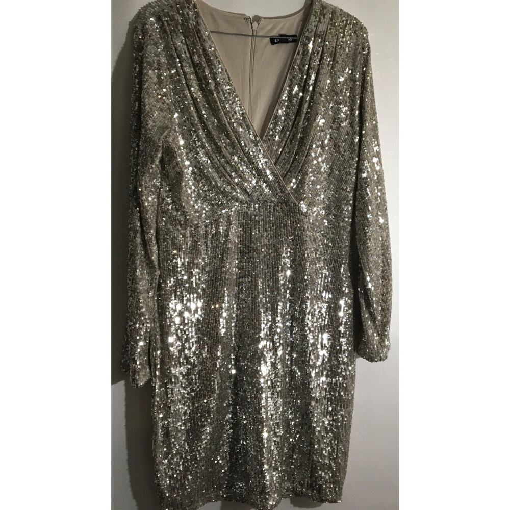 Express Women's Size Medium Metallic Sequin Dress Long Sleeve Cocktail Party - Picture 2 of 6